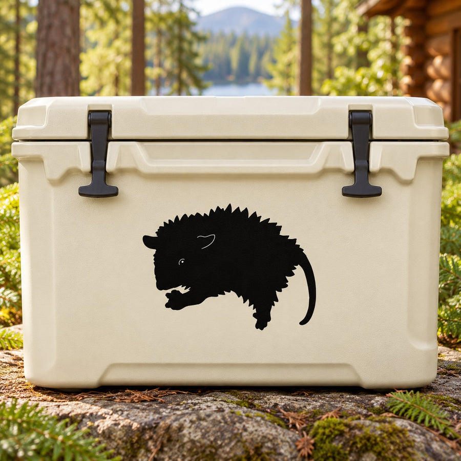 Opossum eating decal with black opossum silhouette on light background