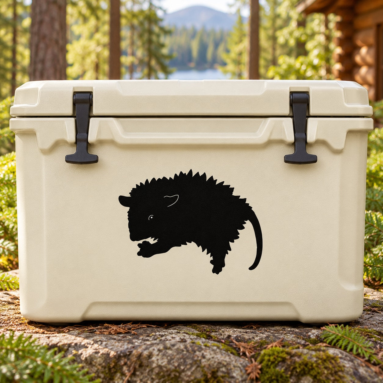 Opossum eating decal with black opossum silhouette on light background