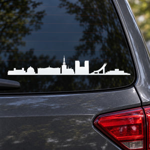 White Oslo Norway skyline car window decal with building silhouettes