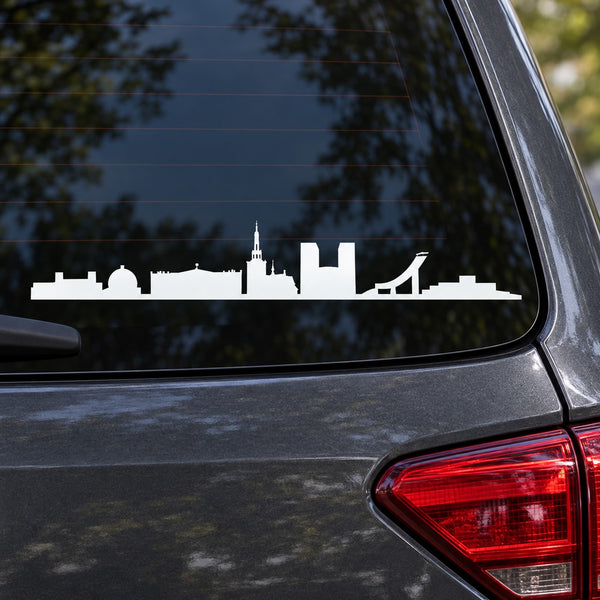 White Oslo Norway skyline car window decal with building silhouettes
