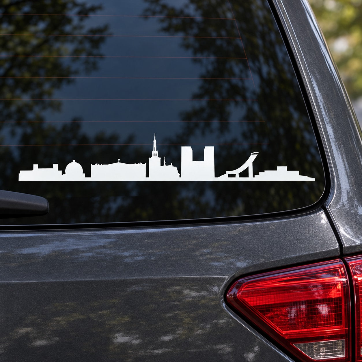 White Oslo Norway skyline car window decal with building silhouettes