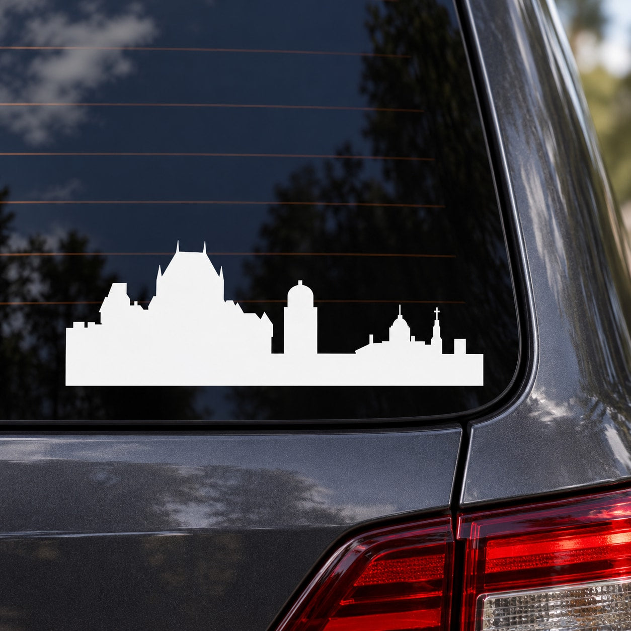 White Ottawa skyline decal with Canada Parliament silhouette on car window