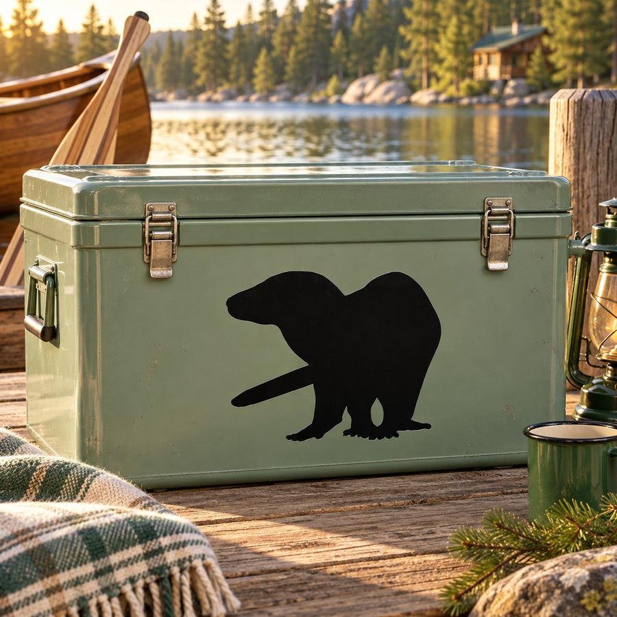 Black otter silhouette decal on a green metal storage trunk