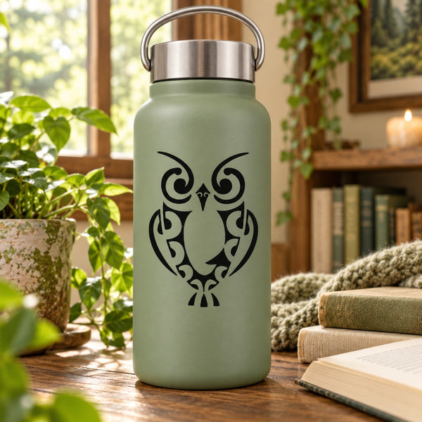 Olive green water bottle with black tribal owl decal