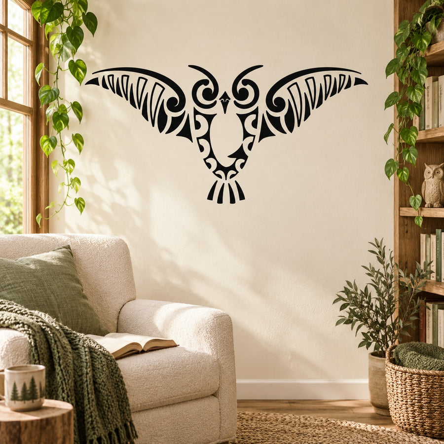 Tribal owl wing wall decal, black decorative design for home decor