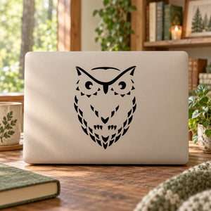 Baby owl face decal, black graphic on a rectangular panel