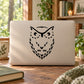 Baby owl face decal, black graphic on a rectangular panel