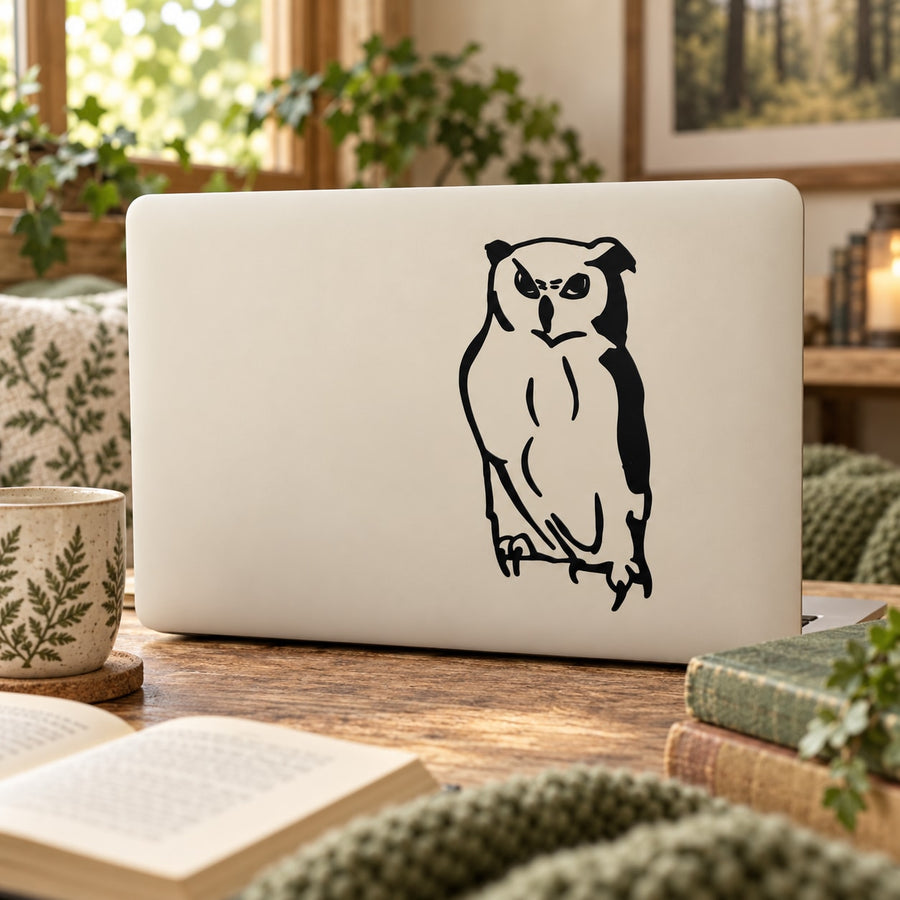Staring owl decal, black outline on light background