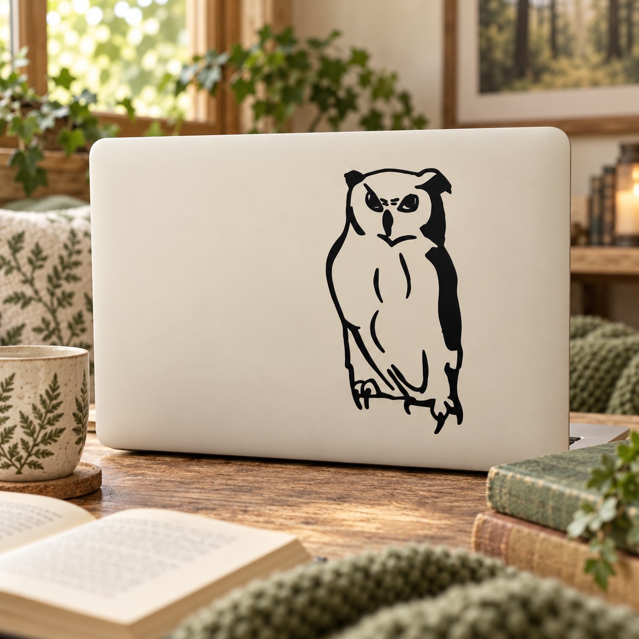 Staring owl decal, black outline on light background