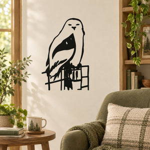 Snow owl wall decal with black-and-white bird perched on a chair and fence