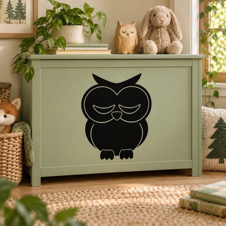 Sleeping owl wall decal, black cartoon owl face with closed eyes