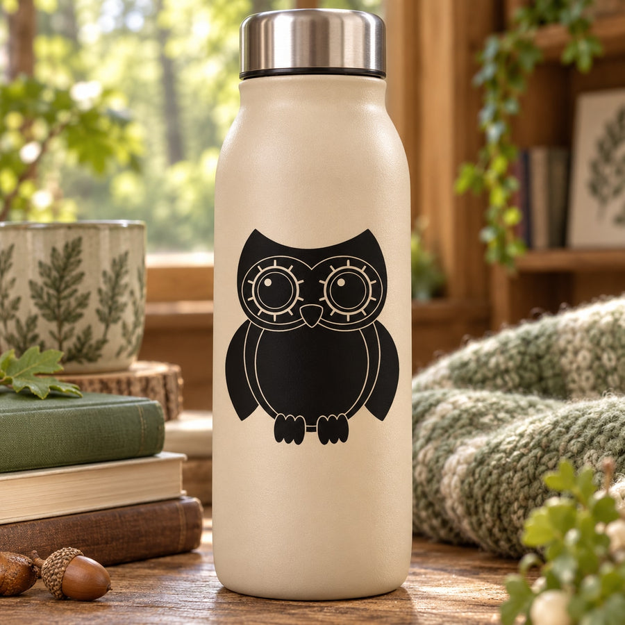 Black owl greeting decal with circular eyes on a light-colored bottle