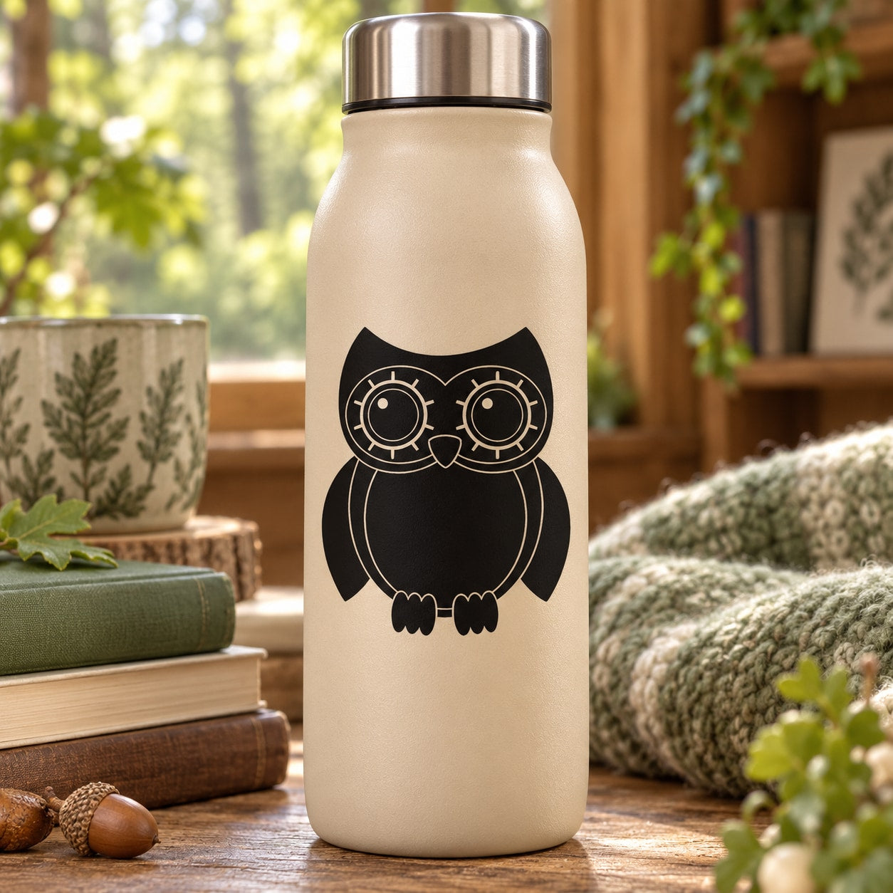 Black owl greeting decal with circular eyes on a light-colored bottle