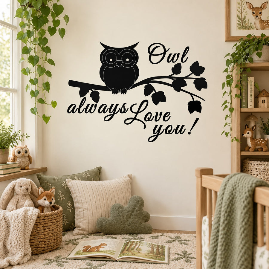 Owl wall decal with glasses and leaves, with script “always Love you!”