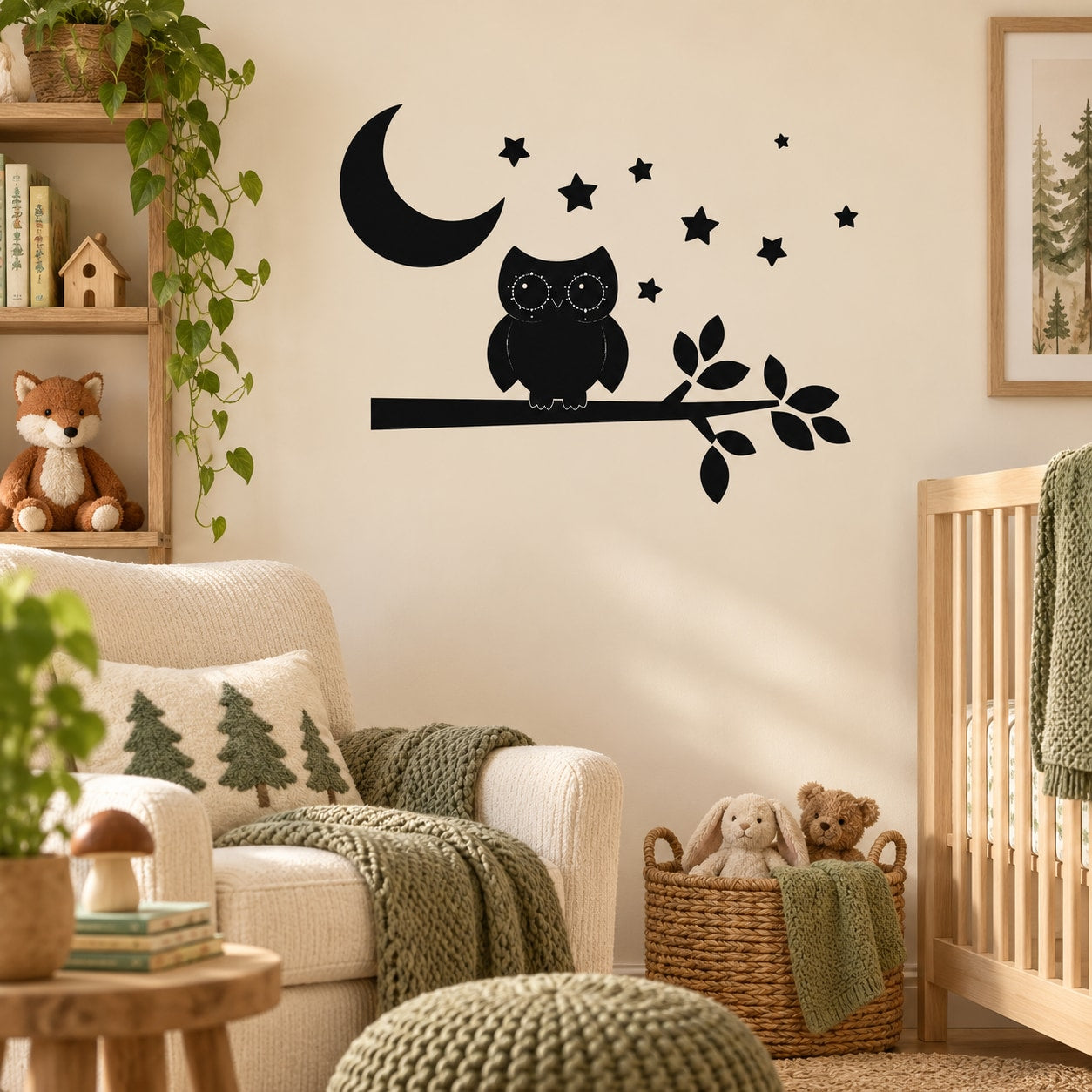 Kids night owl wall decal with moon, stars, and branch