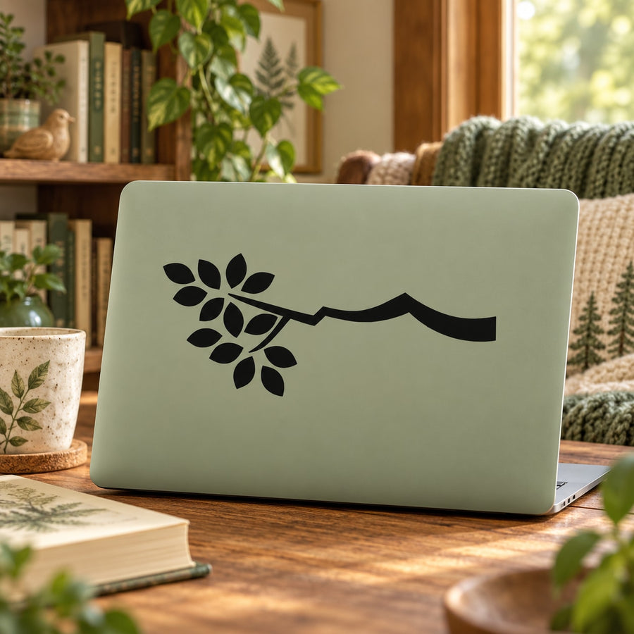 Leafy branch decal featuring black vine with leaves and curved branch on light board