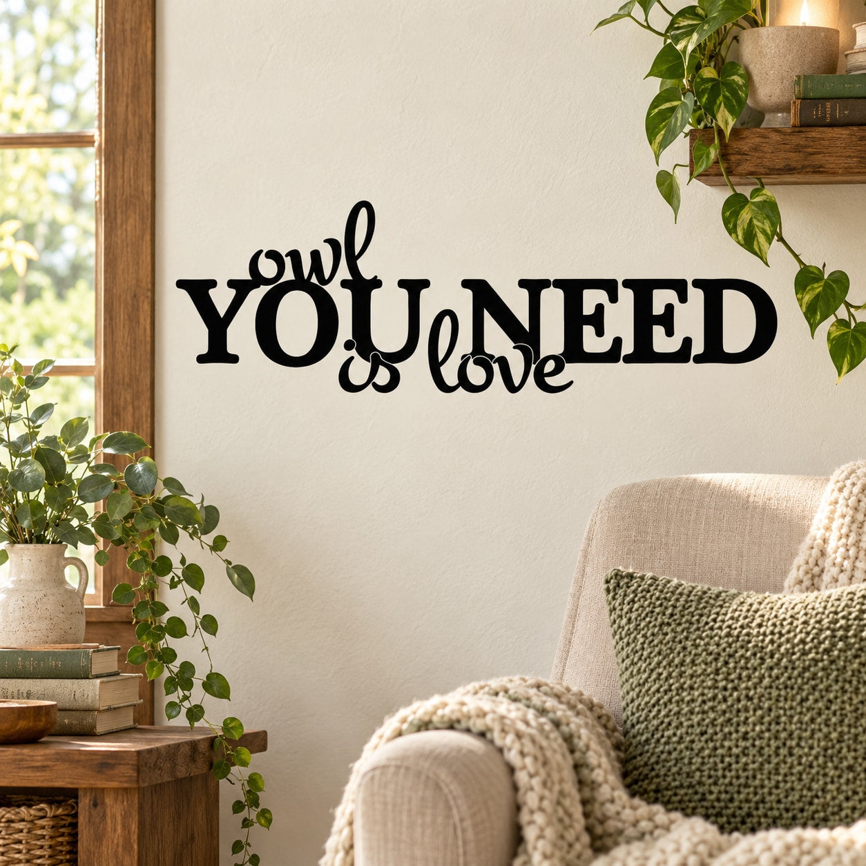 Owl wall decal: 'You need is love' lettering
