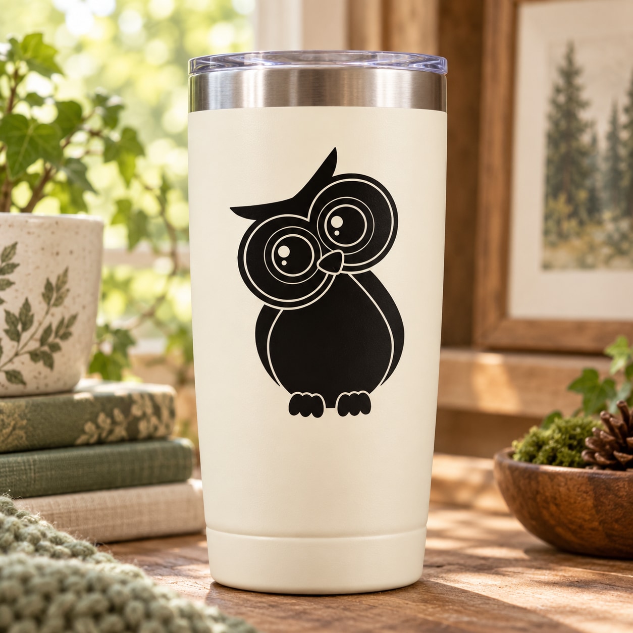 Black owl decal graphic on cream tumbler for kids