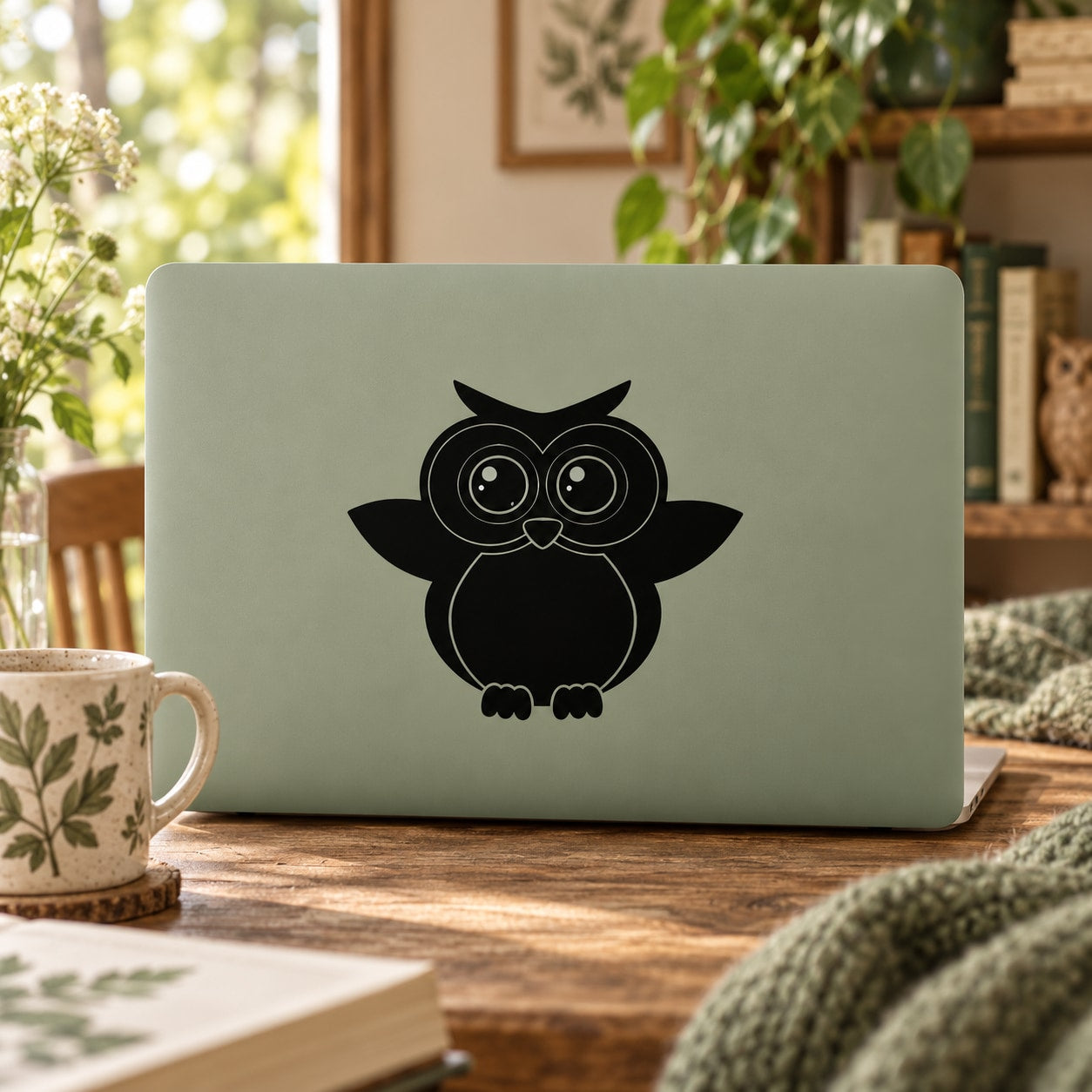 Kids owl wings flapping decal, black owl face with spread wings on light surface