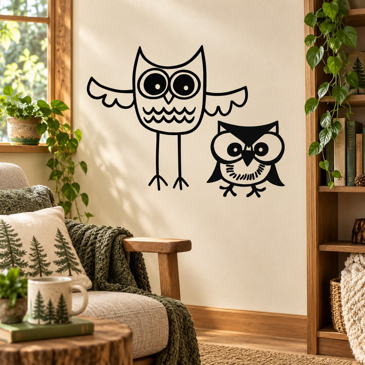 Black owl friends wall decal with two cartoon owls