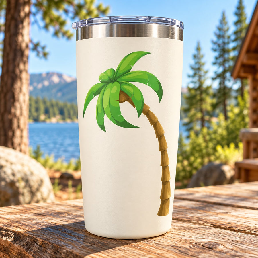 Palm tree decal sticker on white tumbler, green palm frond and trunk