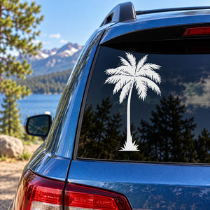 White palm tree vinyl decal with tall trunk and spreading fronds