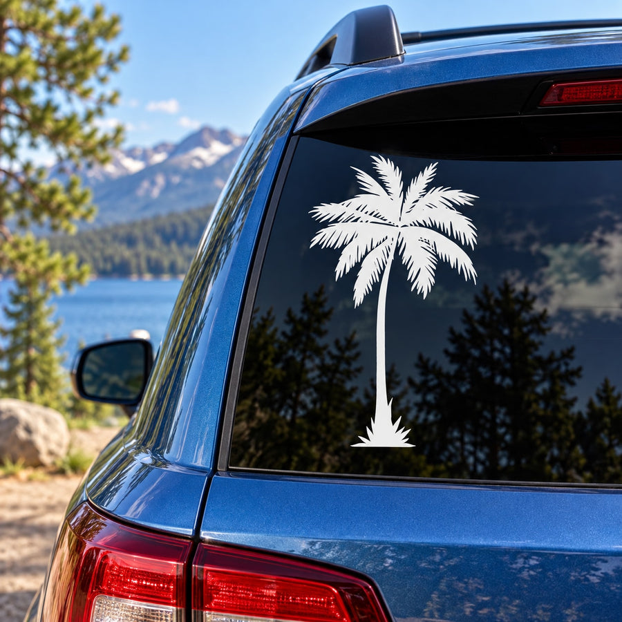 White palm tree vinyl decal with tall trunk and spreading fronds