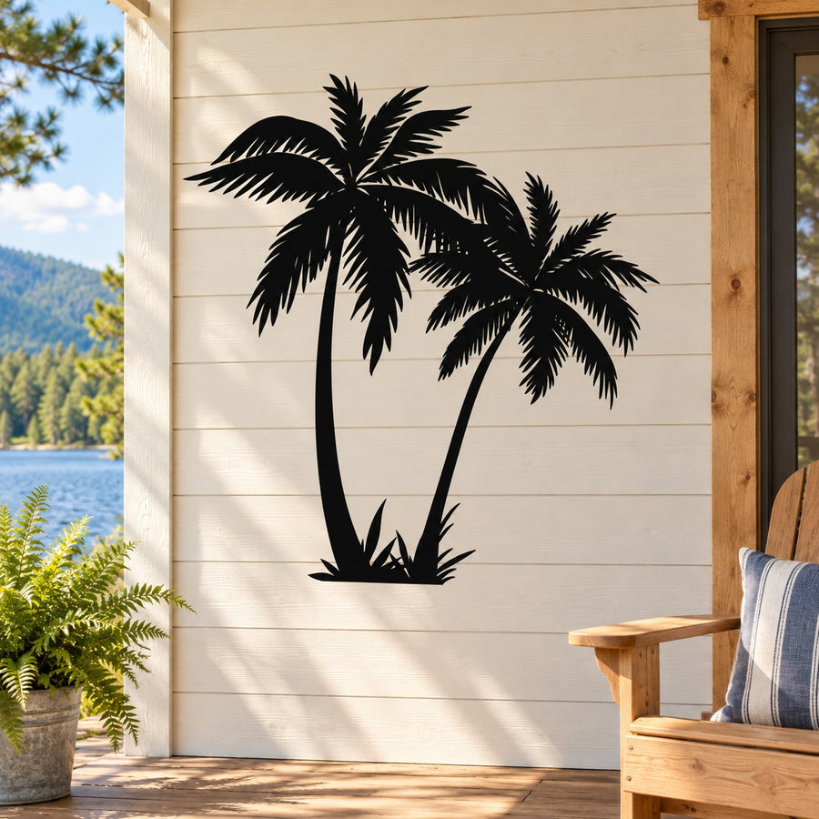 Tropical palm tree vinyl wall decal with two black palm silhouettes