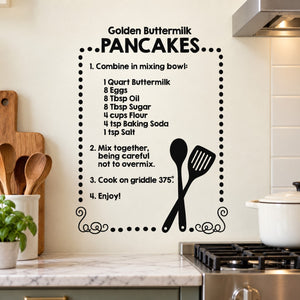 Buttermilk pancakes recipe wall decal with dotted instructions and fork spoon silhouettes