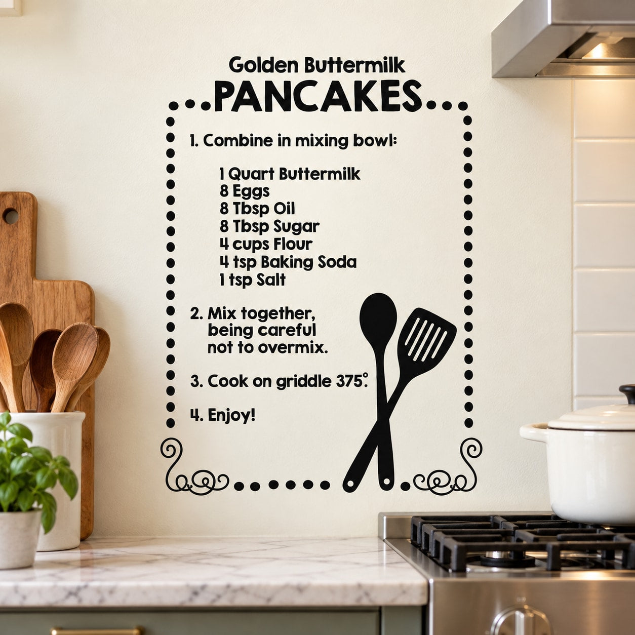 Buttermilk pancakes recipe wall decal with dotted instructions and fork spoon silhouettes