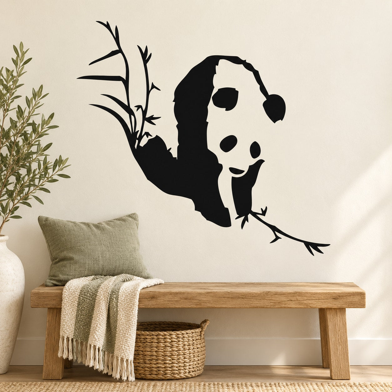 Panda bear wall decal with bamboo branches, black and white panda face and leaves
