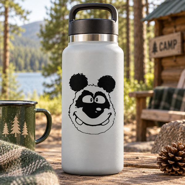 Cartoon panda decal sticker on a white water bottle with black-and-white panda face