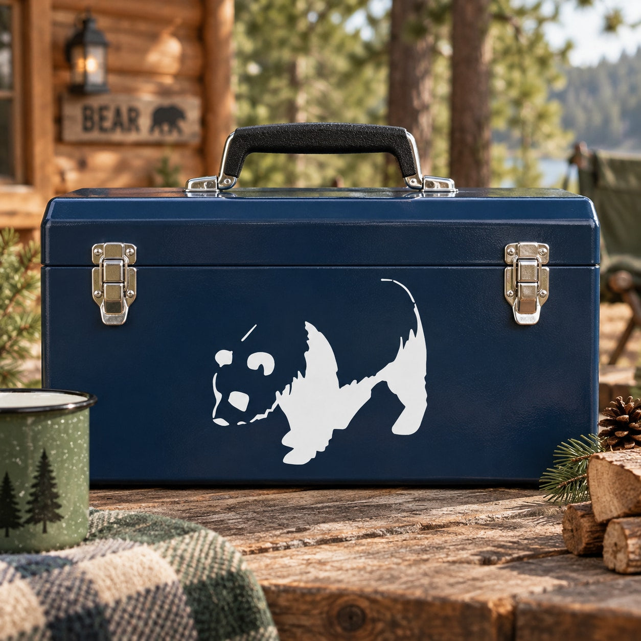 White panda silhouette decal on dark blue background, vinyl sticker
