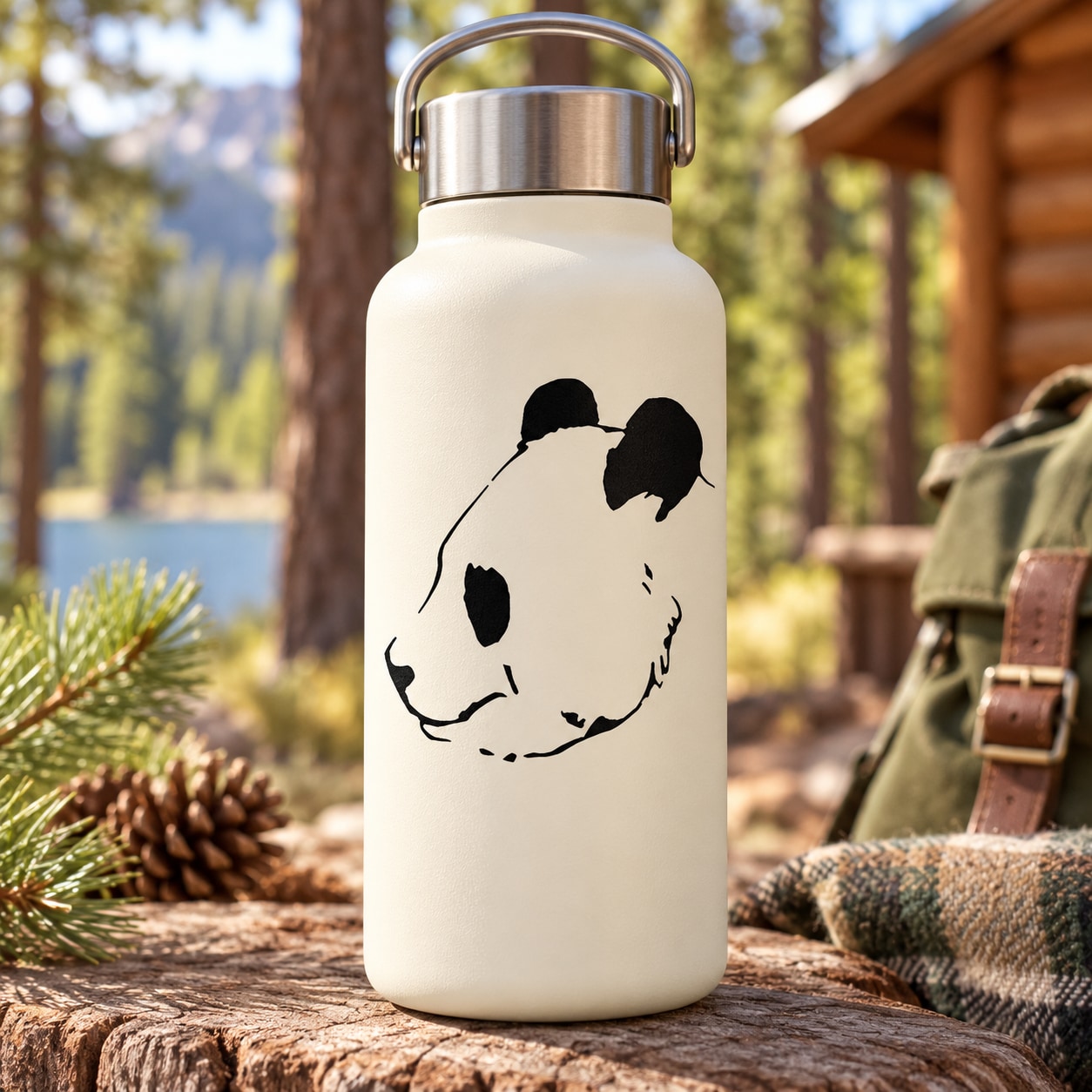Cream bottle with black side-face panda decal