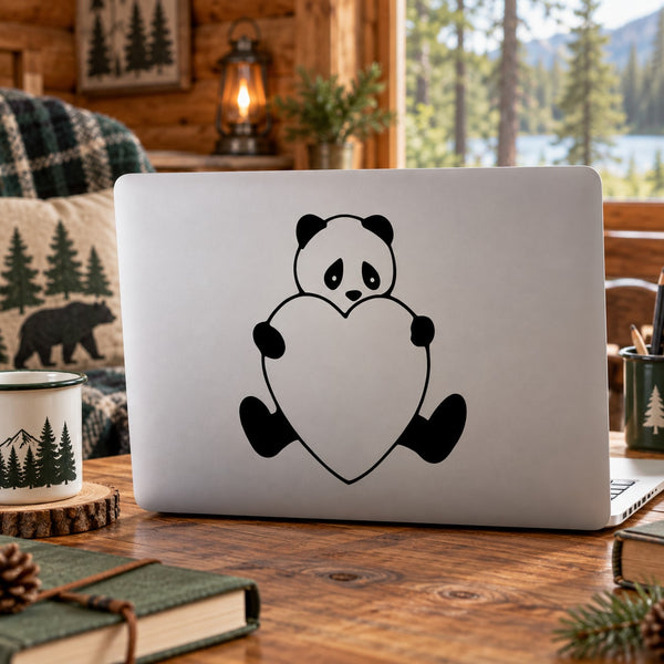 Black panda heart decal with cartoon panda holding heart shape