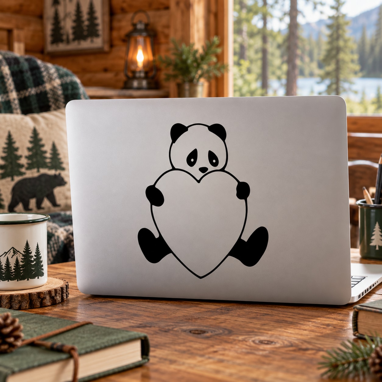 Black panda heart decal with cartoon panda holding heart shape
