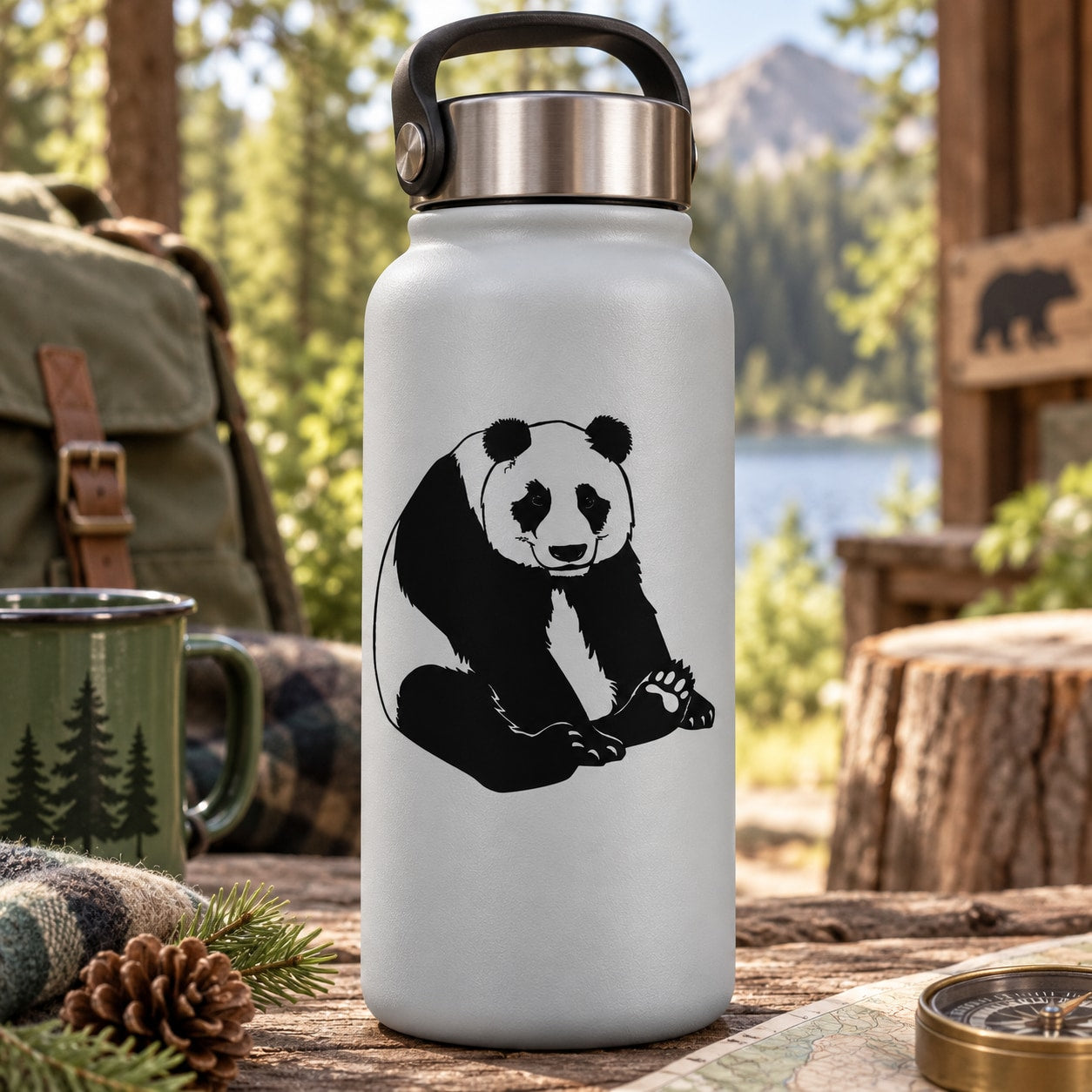 White water bottle with smiling panda black-and-white decal