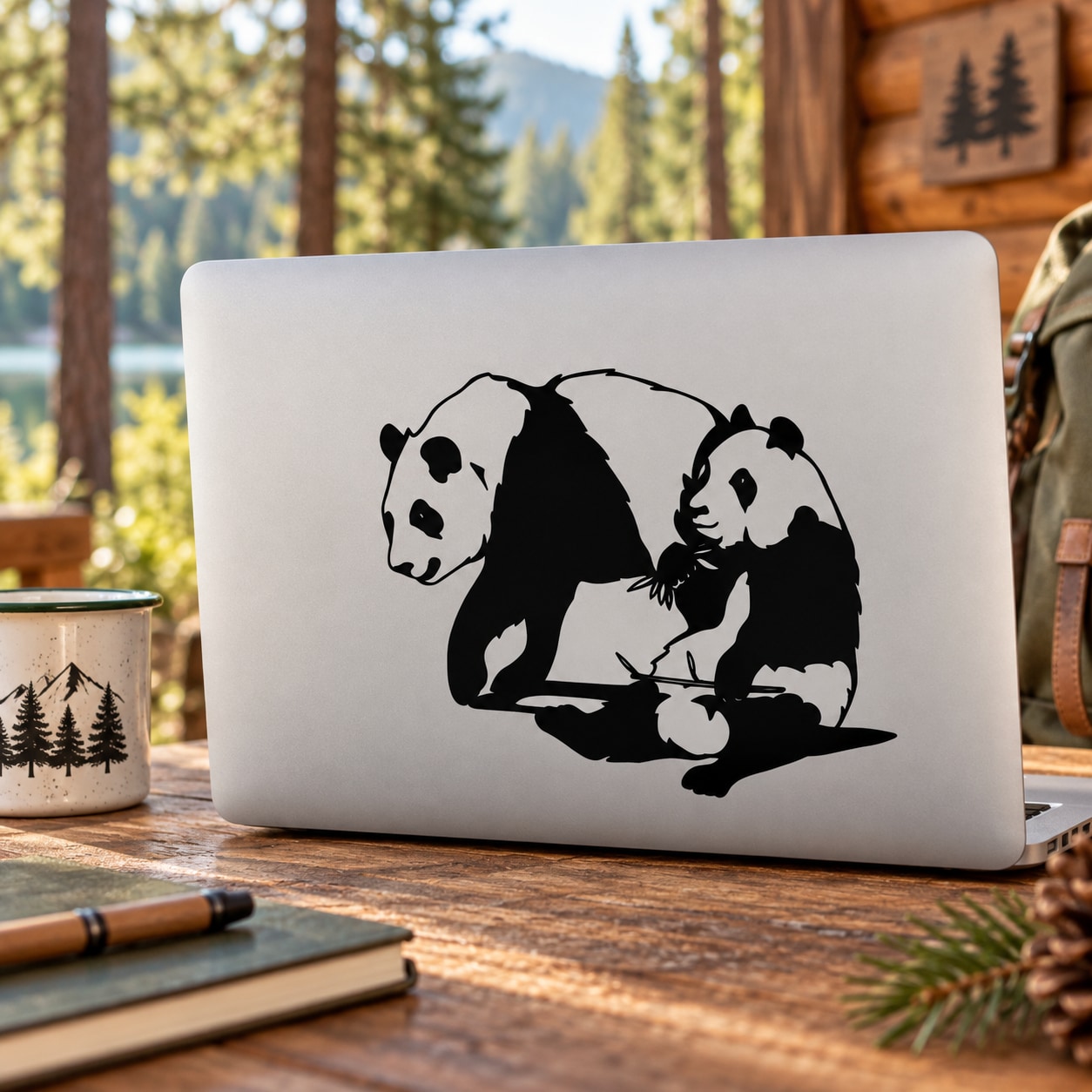 Black mother and baby panda decal on light surface