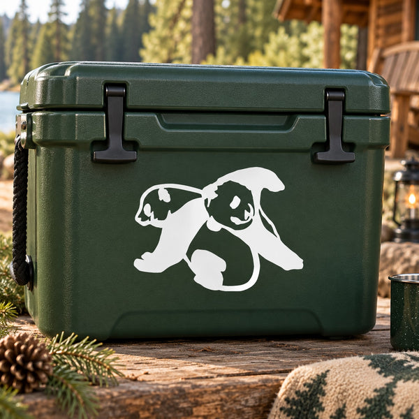 Green cooler with white playful panda decal on front