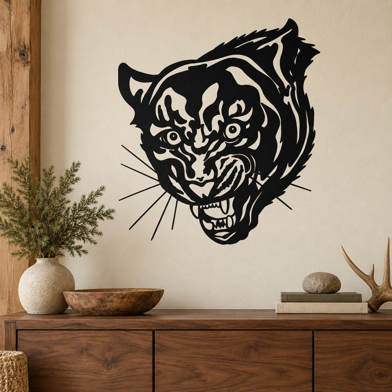 Snarling panther face wall decal, bold black graphic