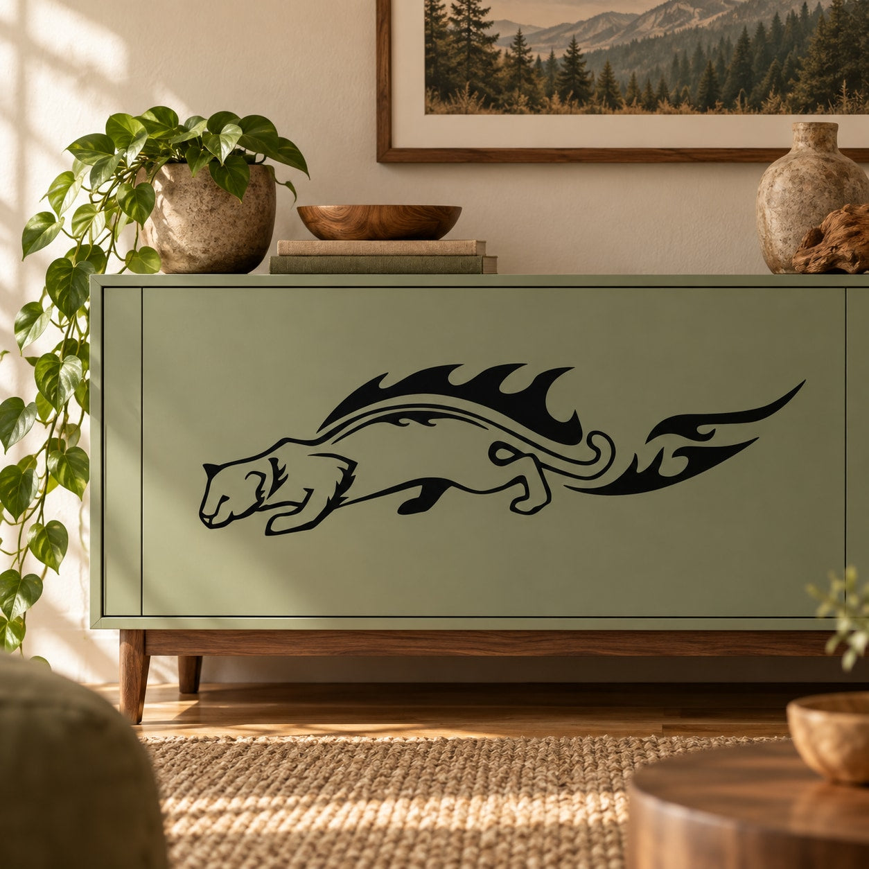Stylized panther wall decal with flame-like accents, dark silhouette