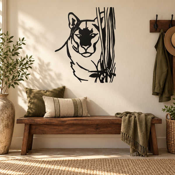 Peeking panther wall decal, black outline with white fill and striped fur