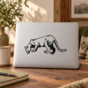 Sniffing panther decal, black outline on white laptop lid