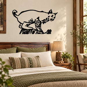 Climbing lynx wall decal, black line art with detailed fur and claws