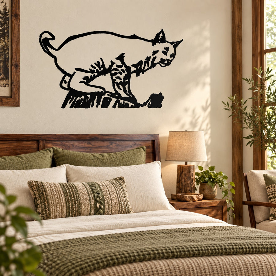 Climbing lynx wall decal, black line art with detailed fur and claws
