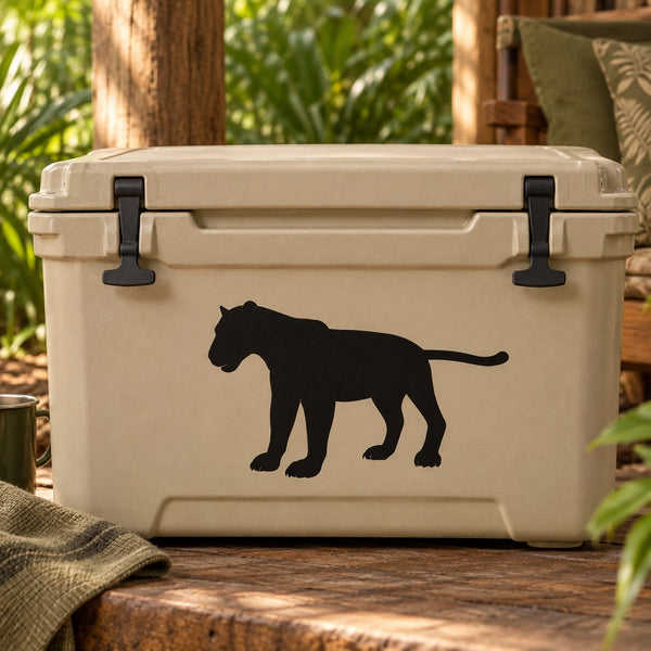 Black panther silhouette decal, observing pose, applied on light-colored cooler lid