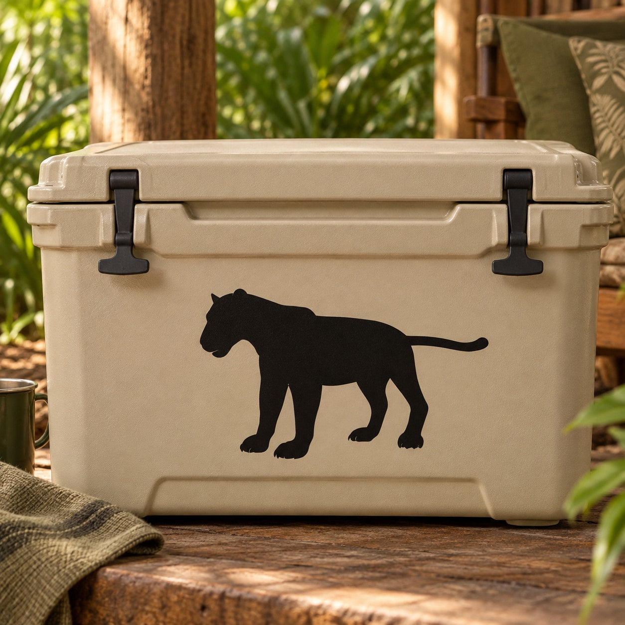 Black panther silhouette decal, observing pose, applied on light-colored cooler lid