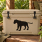 Black panther silhouette decal, observing pose, applied on light-colored cooler lid
