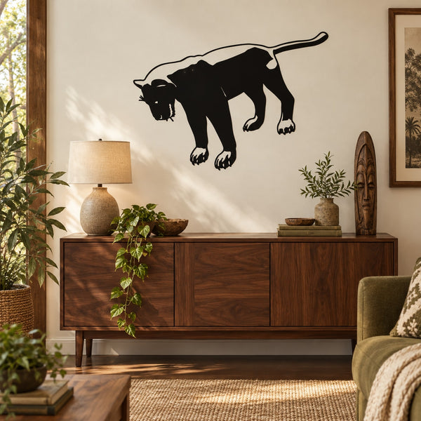 Panther-looking wall decal with black silhouette, crouched stance and long tail