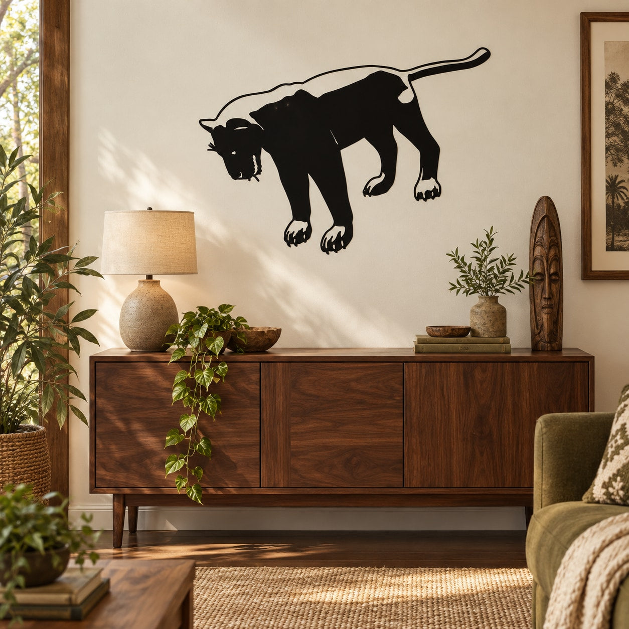 Panther-looking wall decal with black silhouette, crouched stance and long tail